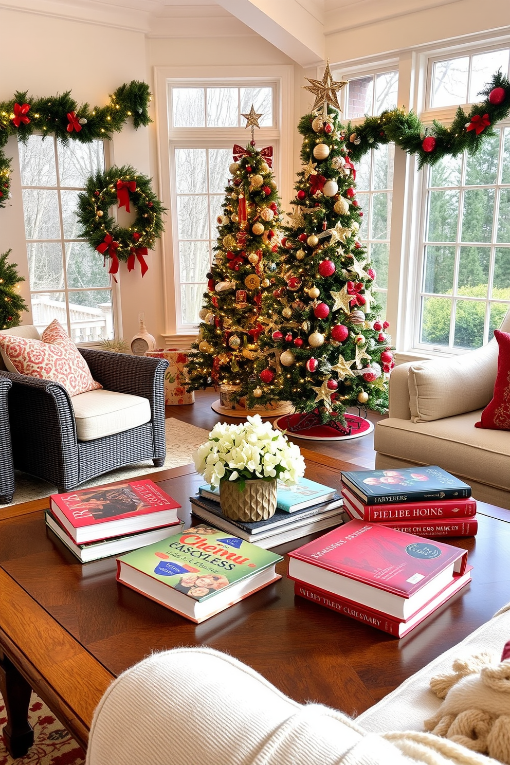 A cozy sunroom adorned for Christmas features a large evergreen tree decorated with twinkling lights and metallic ornaments. Plush seating is arranged around a rustic wooden coffee table, where festive candles and a decorative bowl of pinecones are displayed. The walls are lined with large windows that allow natural light to flood the space, creating a warm and inviting atmosphere. Metallic accents, including silver and gold garlands, are draped along the window sills and around the doorways, enhancing the holiday spirit.