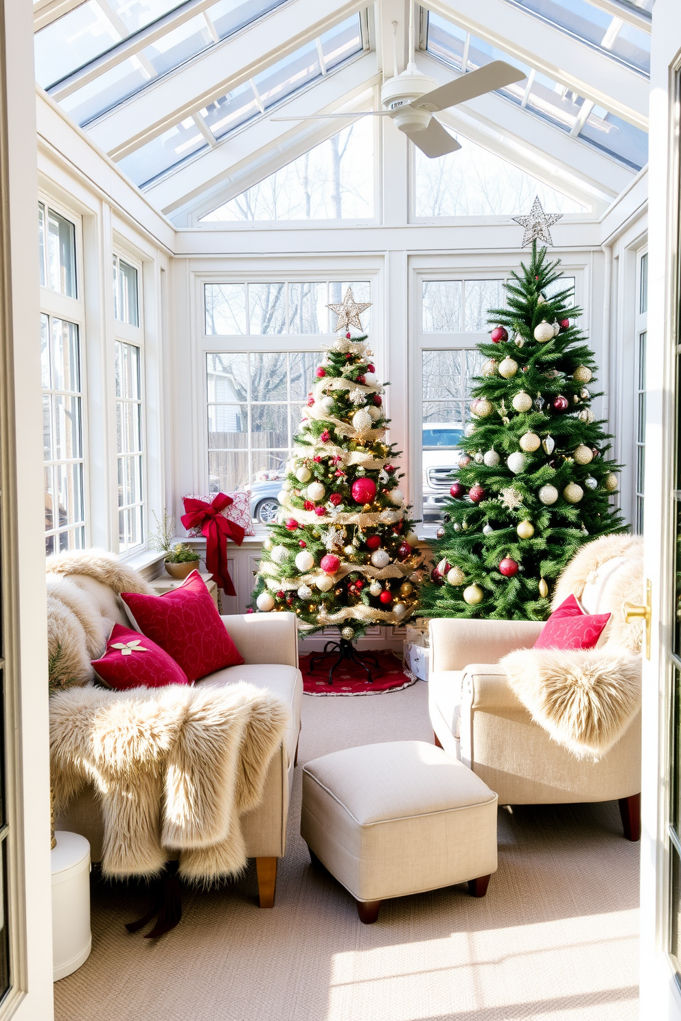 A sunroom filled with natural light features a cozy seating area adorned with soft faux fur throws draped over plush armchairs. The space is decorated for Christmas with a beautifully adorned tree in the corner, twinkling lights, and festive ornaments creating a warm holiday atmosphere.