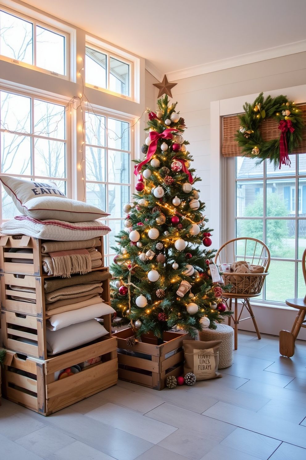 Wooden crates are stacked in the corner of the sunroom, serving as both storage and decorative elements. They are filled with cozy blankets and seasonal pillows, enhancing the rustic charm of the space. The sunroom is adorned with festive decorations, featuring twinkling fairy lights draped across the windows. A beautifully decorated Christmas tree stands in the center, surrounded by handmade ornaments and natural elements like pinecones and berries.