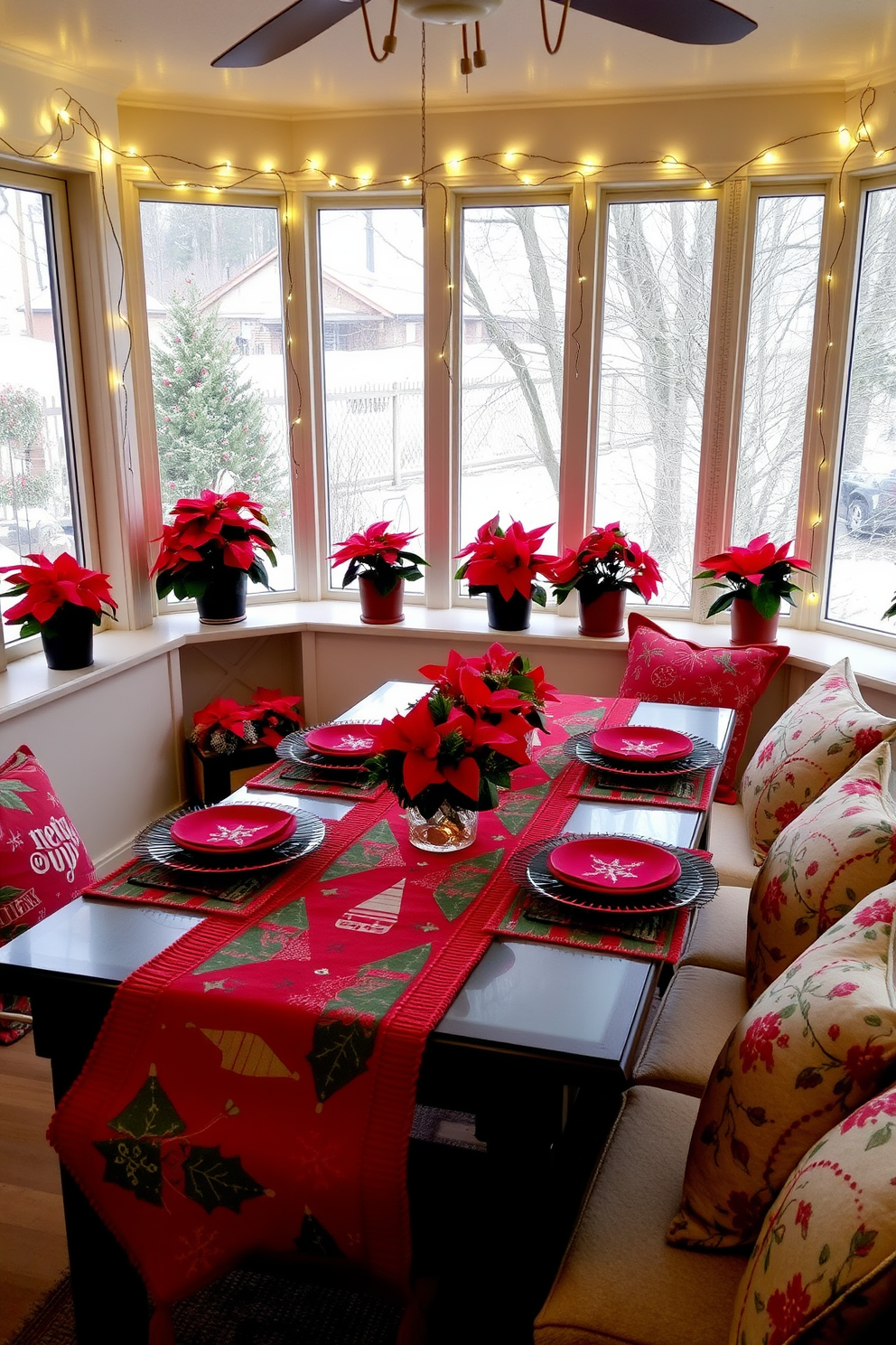 A cozy sunroom adorned with holiday-themed table runners and placemats. The table is set with vibrant red and green decorations, complemented by twinkling fairy lights draped around the windows. Potted poinsettias sit on the window sills, adding a festive touch to the space. Soft, plush cushions in seasonal patterns are arranged on the seating, inviting guests to relax and enjoy the cheerful atmosphere.