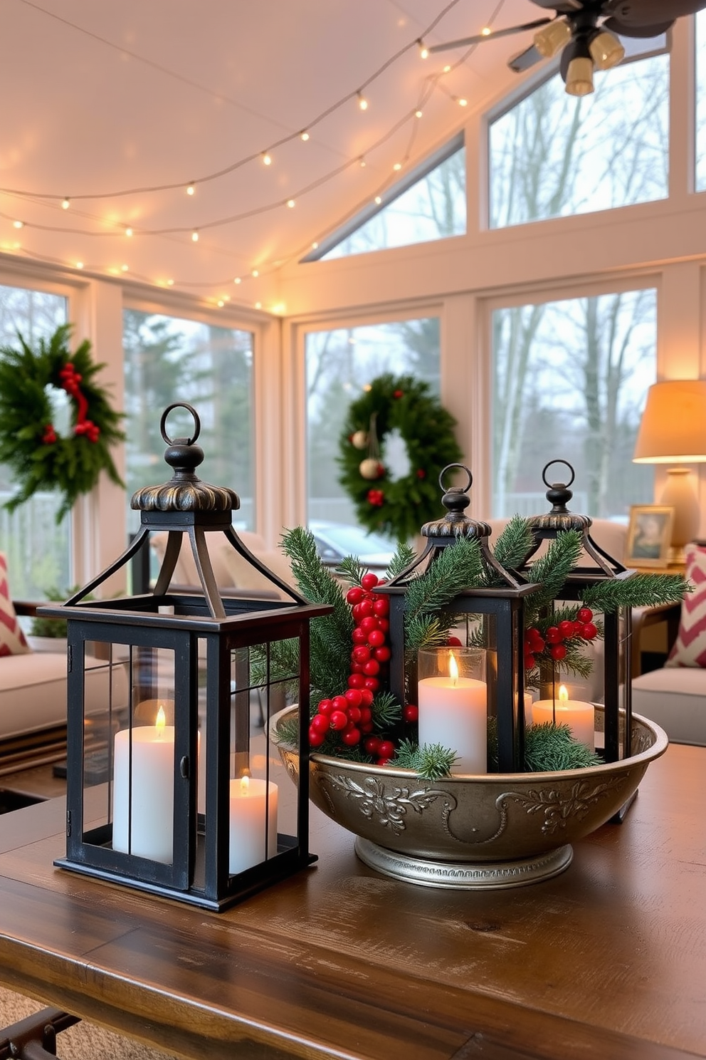 Decorative lanterns with flickering candles create a warm and inviting atmosphere in the sunroom. The lanterns, made of rustic metal with glass panels, are placed on a wooden coffee table surrounded by cozy seating. String lights drape across the ceiling, enhancing the festive ambiance. Freshly cut evergreen branches and vibrant red berries are arranged in a decorative bowl, adding a touch of holiday cheer.