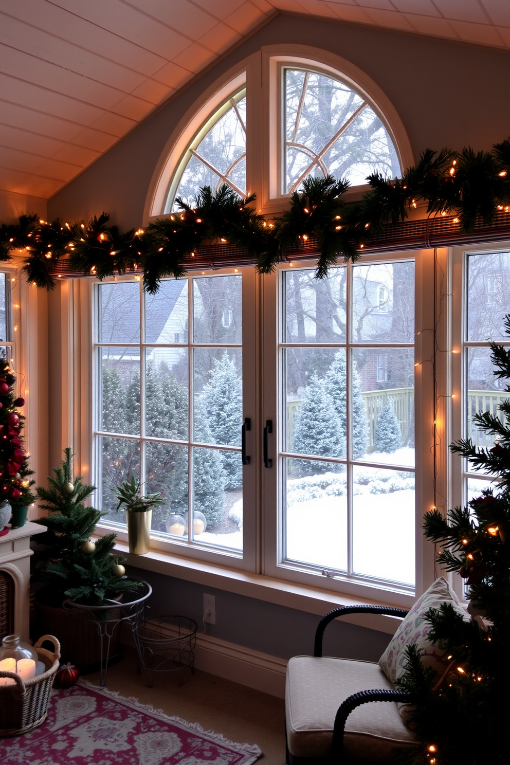 A cozy sunroom adorned for Christmas. Twinkling fairy lights are delicately wrapped around the windows, casting a warm glow throughout the space.