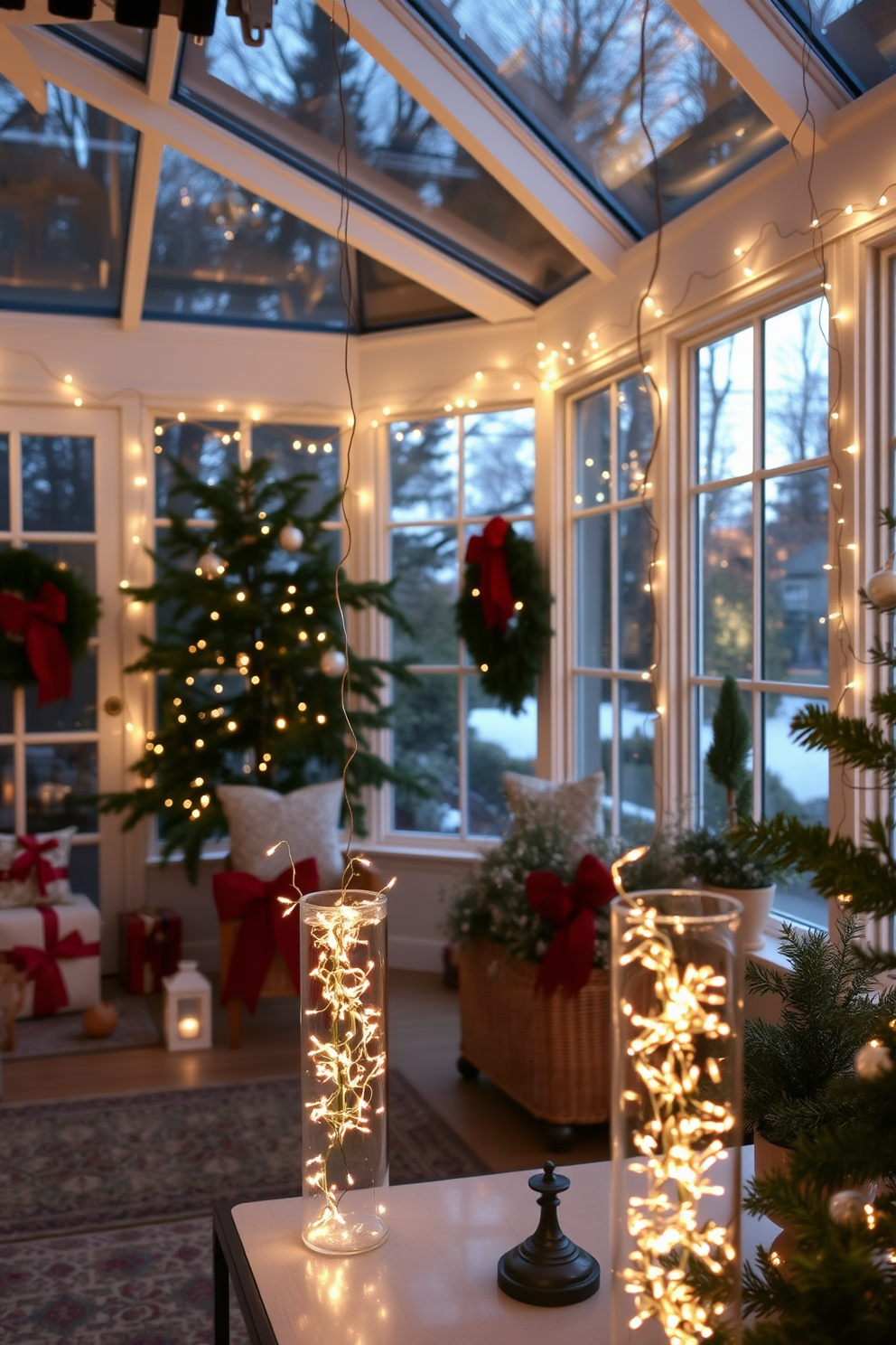 A cozy sunroom adorned with string lights delicately placed in glass vases, creating a warm and inviting sparkle. The space is filled with lush greenery and festive decorations, enhancing the cheerful ambiance of the holiday season.