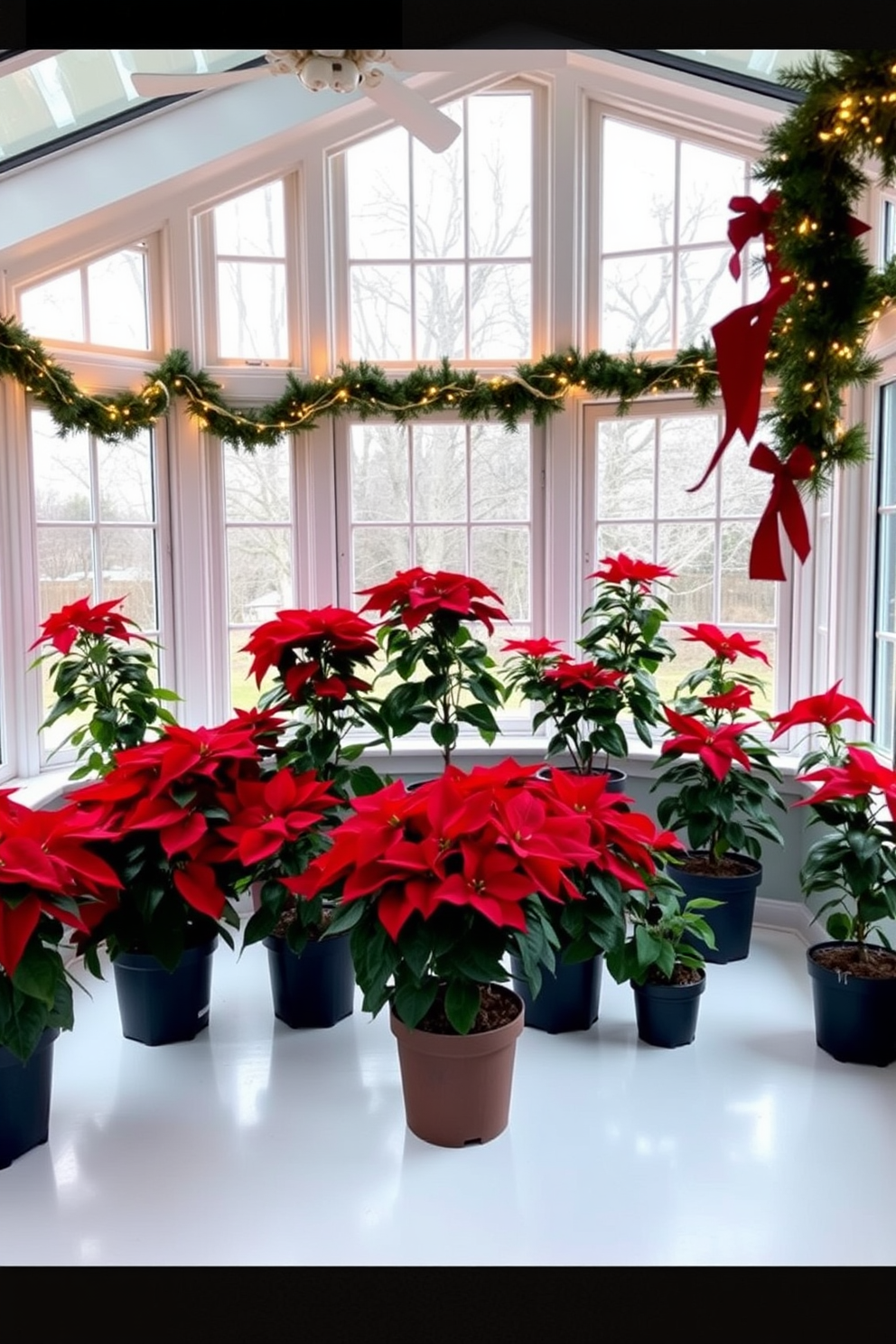 A bright sunroom filled with natural light featuring potted poinsettias in various sizes creating a vibrant color scheme. The room is adorned with festive decorations including twinkling fairy lights and garlands draped across the windowsills.