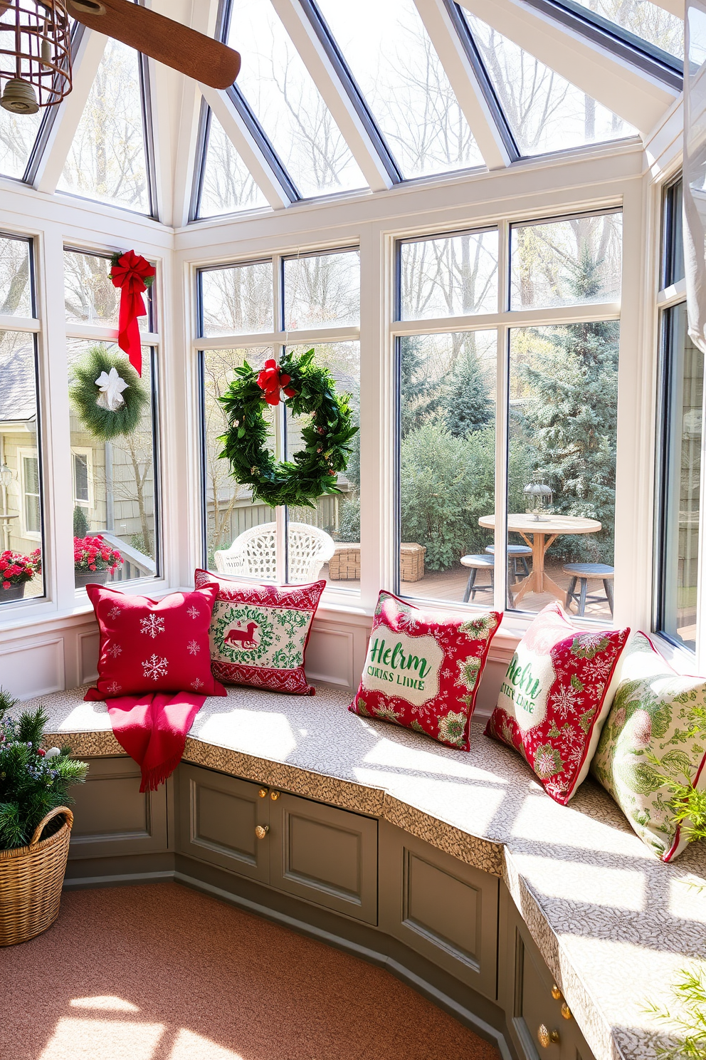 A cozy sunroom adorned with Christmas-themed cushions on the window seats. The cushions feature festive patterns in red and green, inviting warmth and cheer into the space.