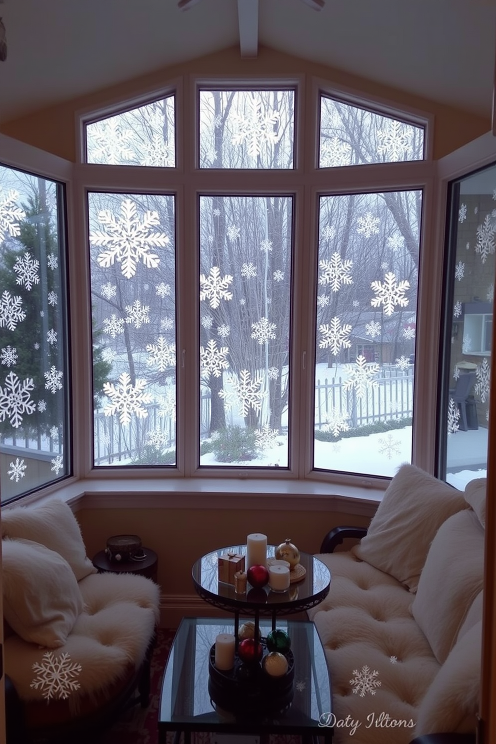 A cozy sunroom adorned with snowflake decals on the windows, creating a charming winter atmosphere. The space features a comfortable seating area with plush cushions and a small coffee table decorated with festive ornaments.