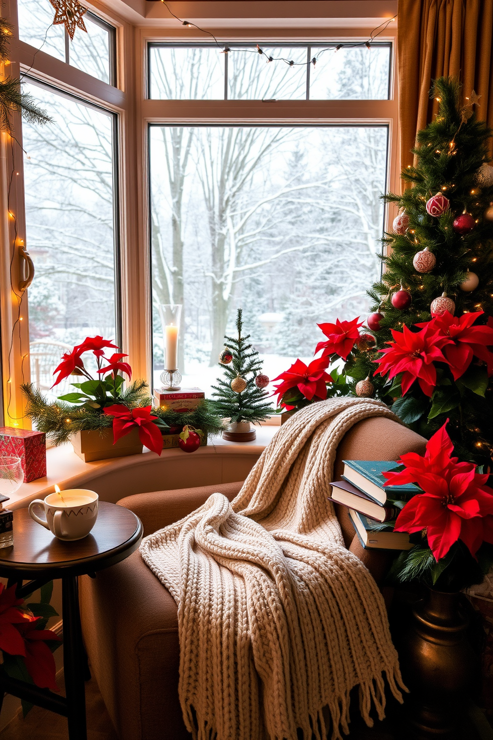 A cozy reading nook with festive touches. There is a plush armchair draped with a soft knit blanket, positioned next to a small side table adorned with a steaming mug of cocoa and a stack of holiday-themed books. Sunroom Christmas decorating ideas. The space is filled with twinkling fairy lights and vibrant poinsettias, while a large window showcases a view of snow-dusted trees outside.