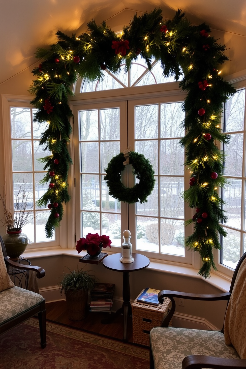 A cozy sunroom adorned for Christmas features a large window draped with festive garlands and twinkling fairy lights. Decorative trays filled with ornaments, candles, and pinecones are strategically placed on the coffee table, creating an organized yet inviting atmosphere.