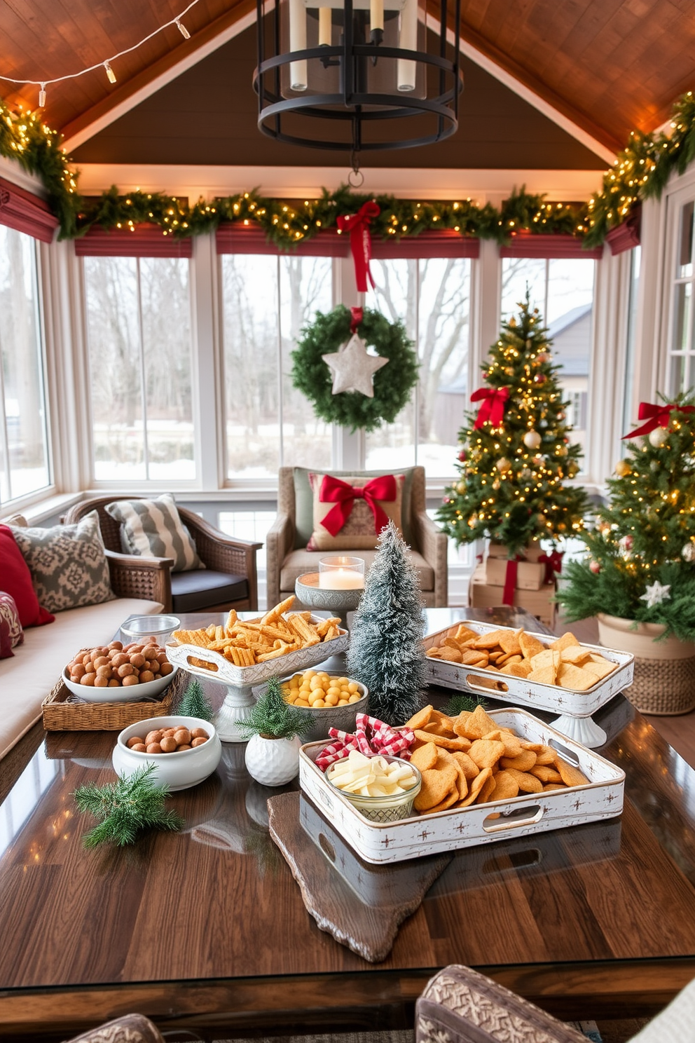 A cozy sunroom adorned for Christmas features decorative trays filled with an array of holiday snacks. The space is illuminated by soft string lights, creating a warm and inviting atmosphere perfect for gatherings.