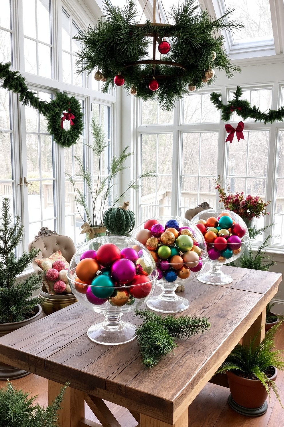 A sunroom filled with natural light features a variety of colorful ornaments displayed in clear glass bowls. The bowls are arranged on a rustic wooden table, surrounded by potted plants and festive greenery to enhance the holiday spirit.