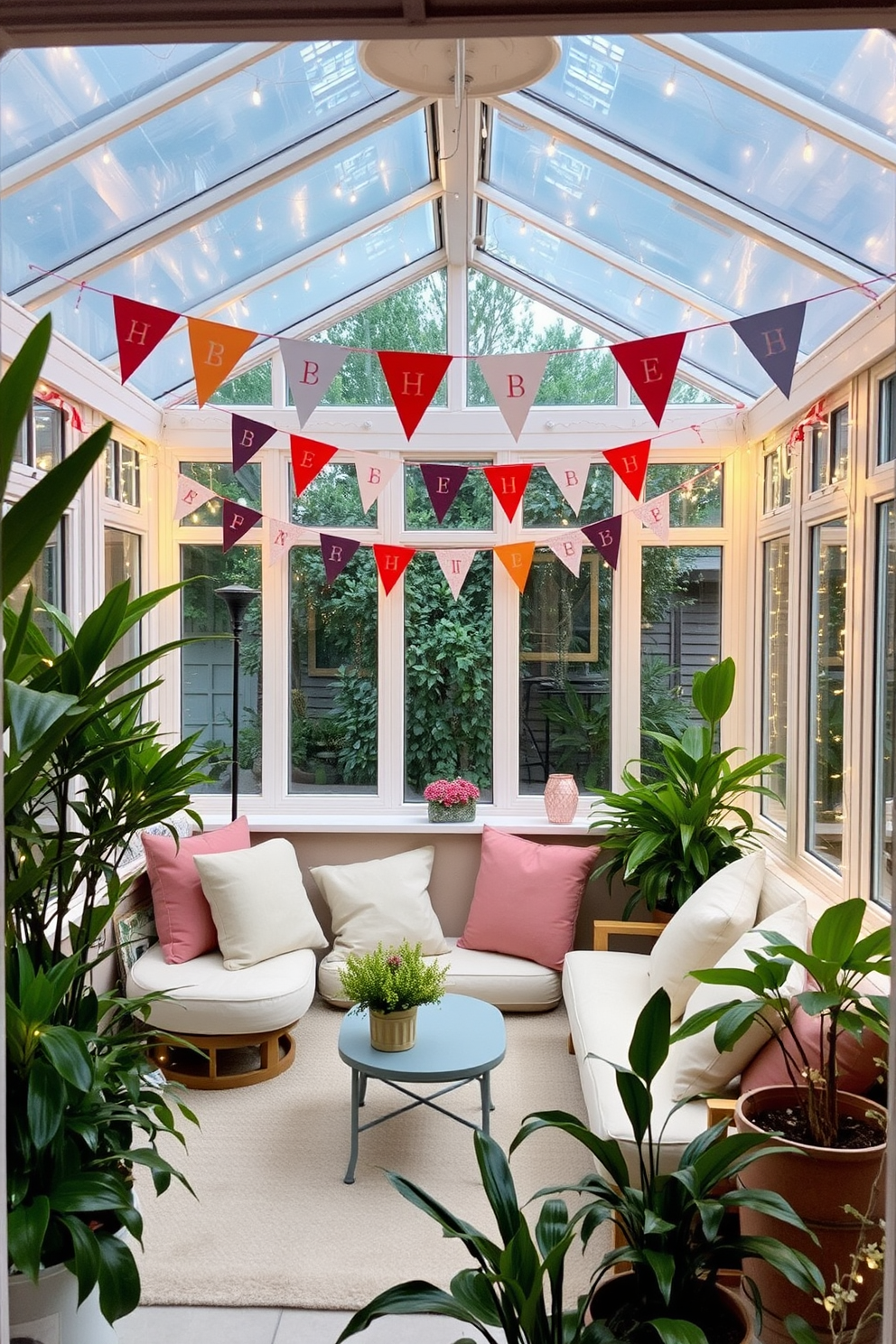 A cheerful sunroom adorned with festive banners hanging from the ceiling creates a warm and inviting atmosphere. The space features a cozy seating area with plush cushions and a small coffee table surrounded by lush green plants and twinkling fairy lights.