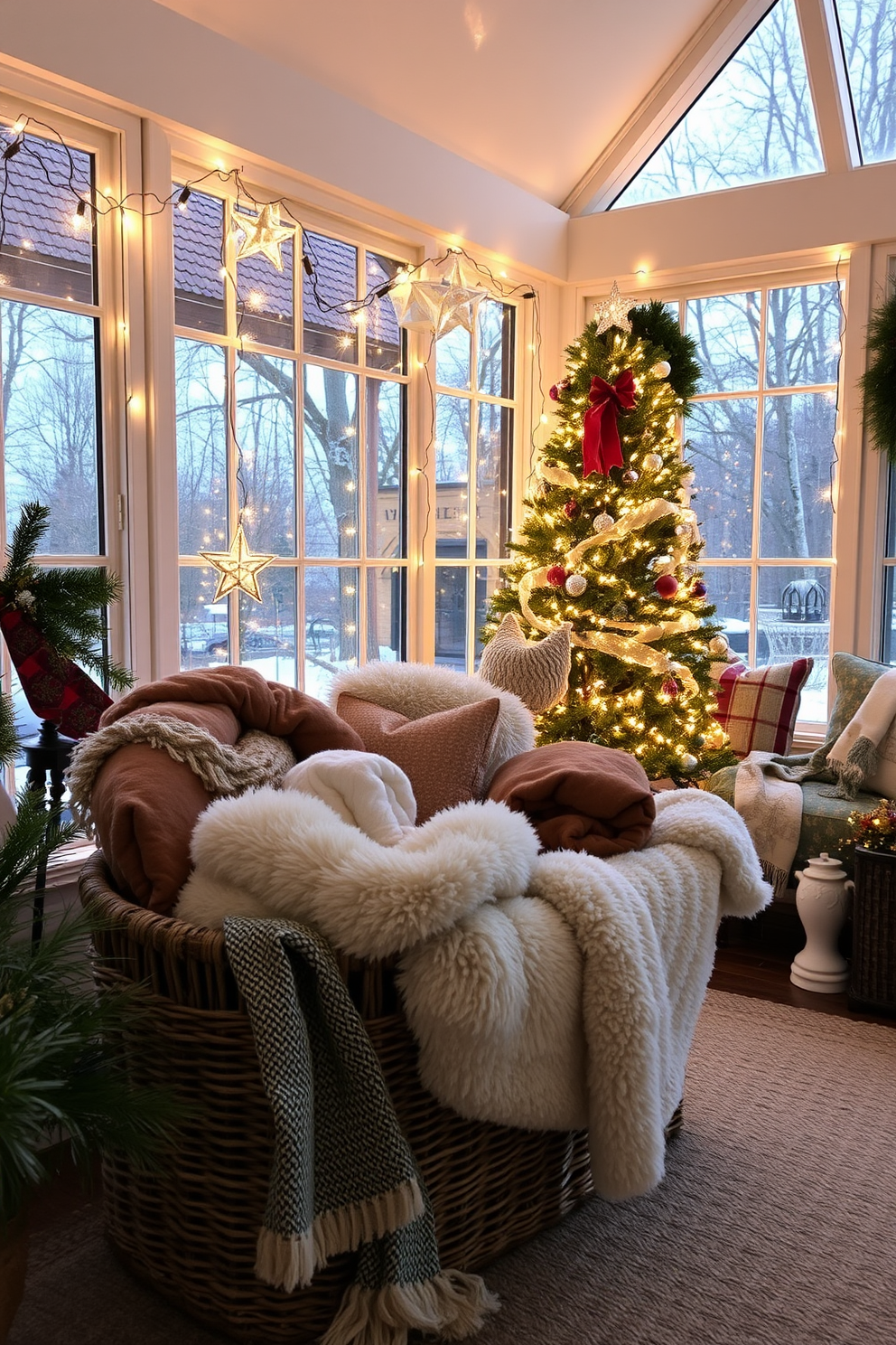 A cozy sunroom adorned for Christmas features a decorative basket filled with warm, fluffy blankets in various textures and colors. The space is enhanced by twinkling fairy lights draped across the windows, creating a festive and inviting atmosphere.