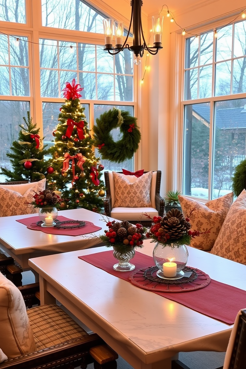 A cozy sunroom adorned for Christmas features tables decorated with pinecone and berry centerpieces. The warm glow of string lights enhances the festive atmosphere, while comfortable seating invites relaxation amidst the holiday cheer.