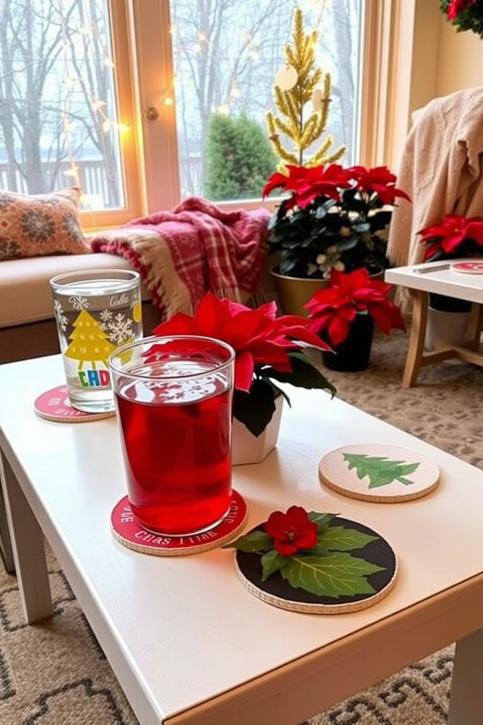 Holiday themed coasters for drinks. Each coaster features a different festive design including snowflakes, Christmas trees, and holly leaves. Sunroom Christmas decorating ideas. Incorporate warm string lights, a cozy throw blanket, and potted poinsettias to create a cheerful atmosphere.