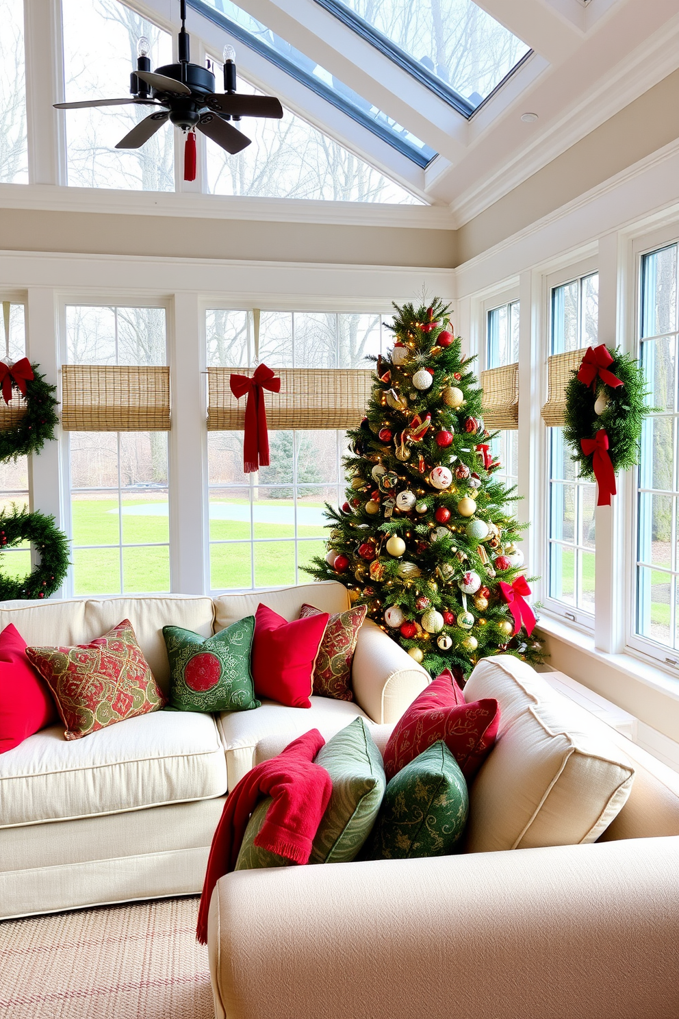 A cozy sunroom decorated for Christmas features a comfortable seating area with a light-colored sofa adorned with red and green throw pillows for accents. The space is filled with natural light from large windows, and a beautifully decorated Christmas tree stands in the corner, surrounded by festive ornaments and twinkling lights.