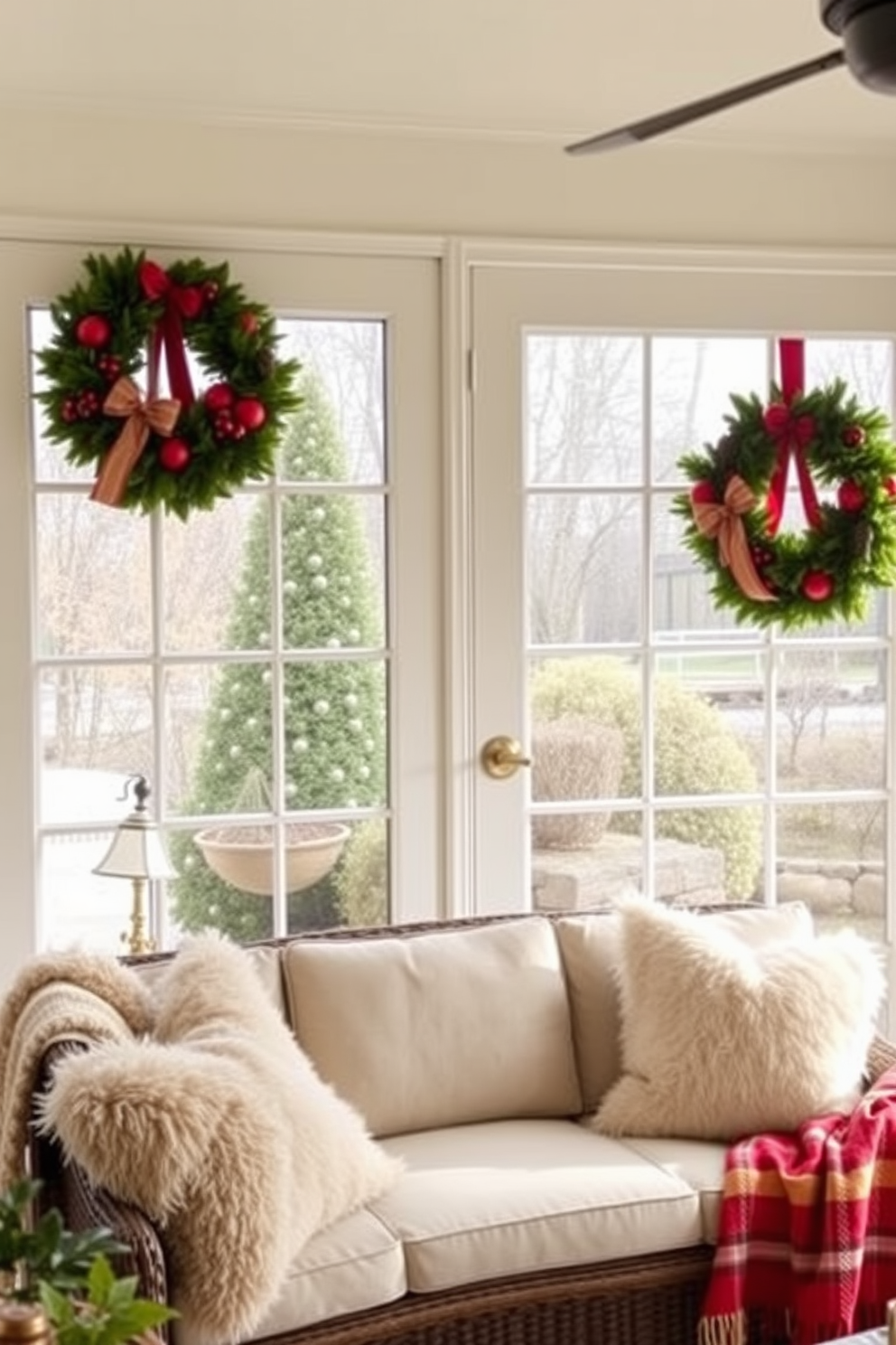 Create a cozy sunroom filled with natural light during the Christmas season. Hang beautiful wreaths adorned with red ribbons on the windows and doors to enhance the festive atmosphere. Incorporate a comfortable seating area with plush cushions and a warm throw blanket. Add a small Christmas tree in the corner, decorated with twinkling lights and ornaments for a charming holiday touch.