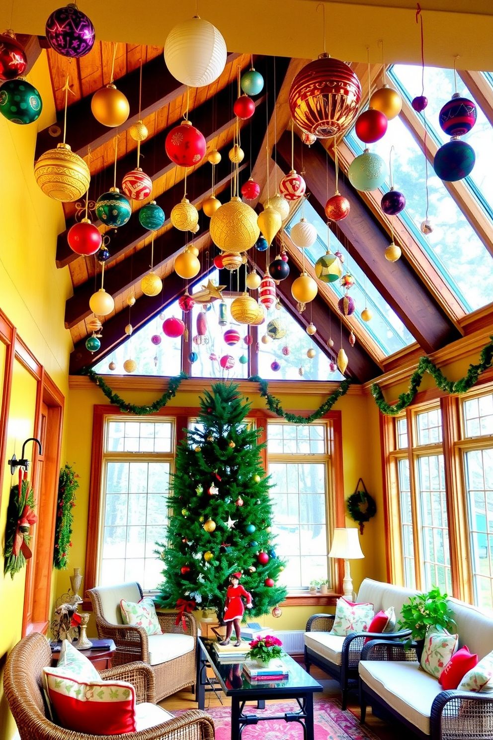 A cozy sunroom filled with natural light features ceiling beams adorned with an array of festive hanging ornaments. The space is decorated with a blend of traditional and modern Christmas elements, including a lush green tree in the corner and comfortable seating arranged for holiday gatherings.