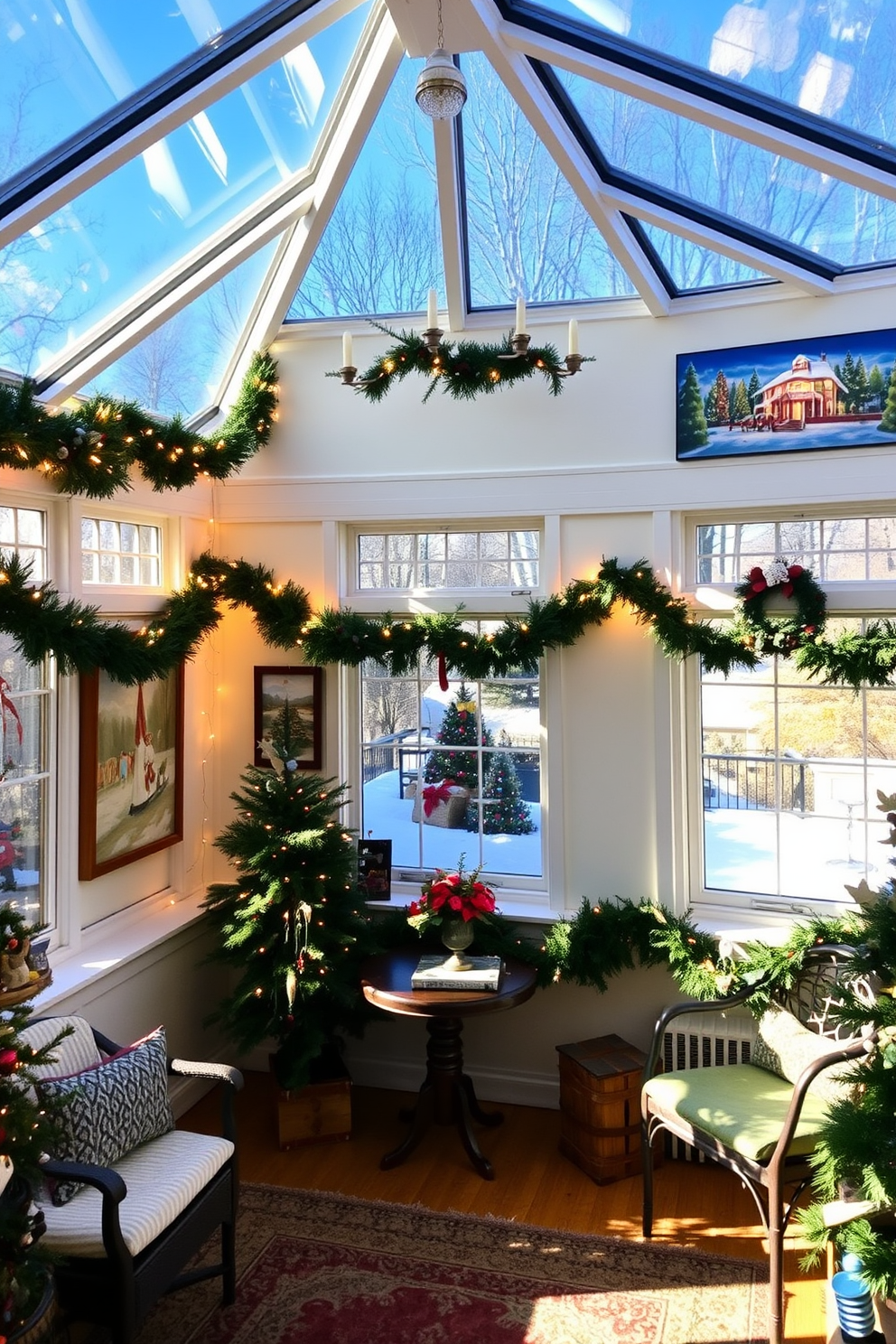 A cozy sunroom filled with natural light features walls adorned with Christmas-themed artwork showcasing festive scenes and colors. The space is decorated with garlands and twinkling lights, creating a warm and inviting atmosphere perfect for holiday gatherings.