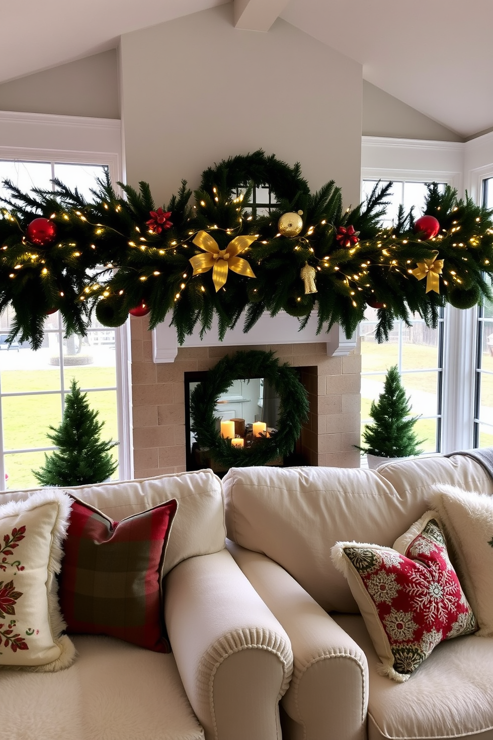 A cozy sunroom adorned for the holidays features a beautifully draped garland over the mantel, intertwined with twinkling fairy lights. Plush seating arrangements are complemented by festive throw pillows, creating an inviting atmosphere for family gatherings.