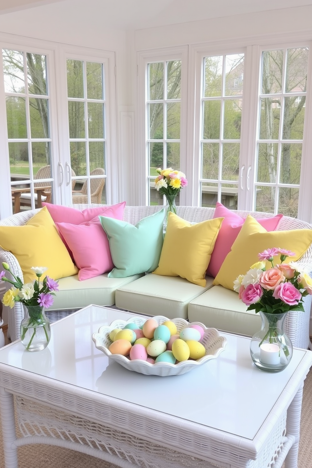 A sunroom filled with natural light features a comfortable seating area adorned with bright pastel cushions in shades of pink, yellow, and mint green. The cushions are arranged on a white wicker sofa, creating a cheerful and inviting atmosphere perfect for relaxation and gatherings. Easter decorations add a festive touch to the space, with colorful eggs nestled in a decorative bowl on the coffee table. Fresh flowers in pastel hues are placed in vases around the room, enhancing the springtime vibe and creating a warm, welcoming environment.