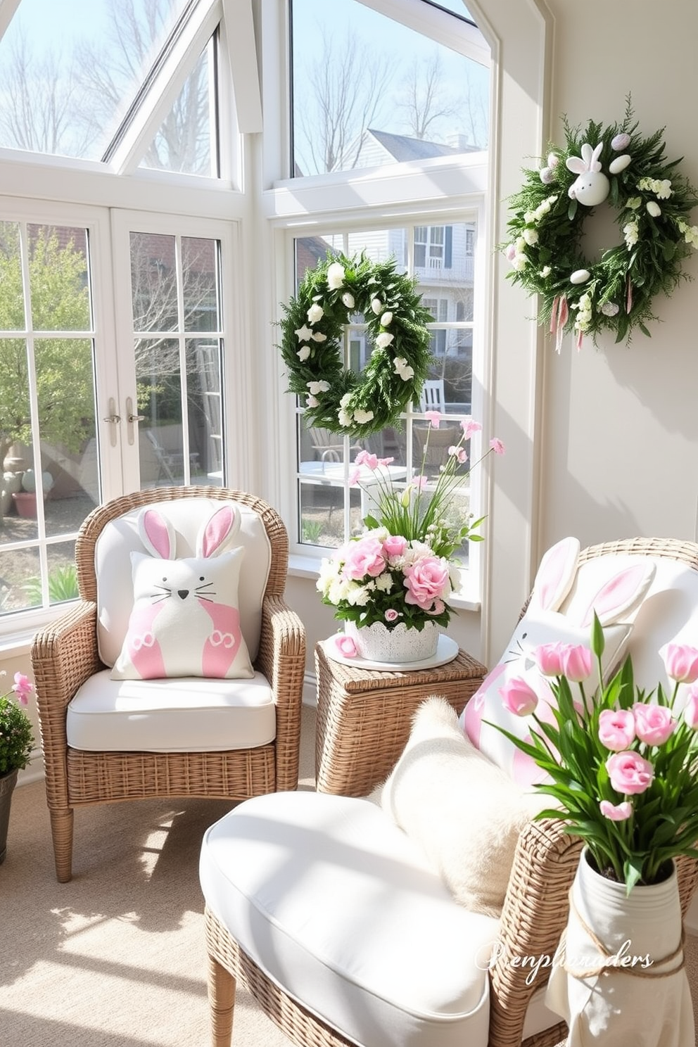 A sunroom filled with natural light showcases several tables adorned with charming miniature nests. Each nest contains delicate faux eggs in pastel colors, creating a whimsical Easter ambiance.