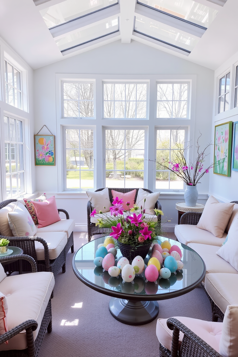 Charming lanterns with candles create a warm and inviting atmosphere in the sunroom. The soft glow from the candles enhances the natural light streaming through the windows, making the space feel cozy and serene. Easter decorations add a festive touch to the sunroom, featuring pastel-colored eggs and fresh spring flowers. The combination of cheerful decor and ambient lighting makes this space perfect for gathering with family and friends.