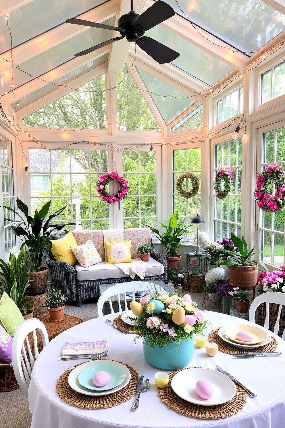 A sunroom filled with natural light and adorned with string lights creating a cozy atmosphere. The space features comfortable seating with colorful cushions and a small coffee table surrounded by potted plants. Easter decorations are tastefully arranged throughout the sunroom. A festive table setting includes pastel-colored tableware and a centerpiece of fresh flowers and decorative eggs.