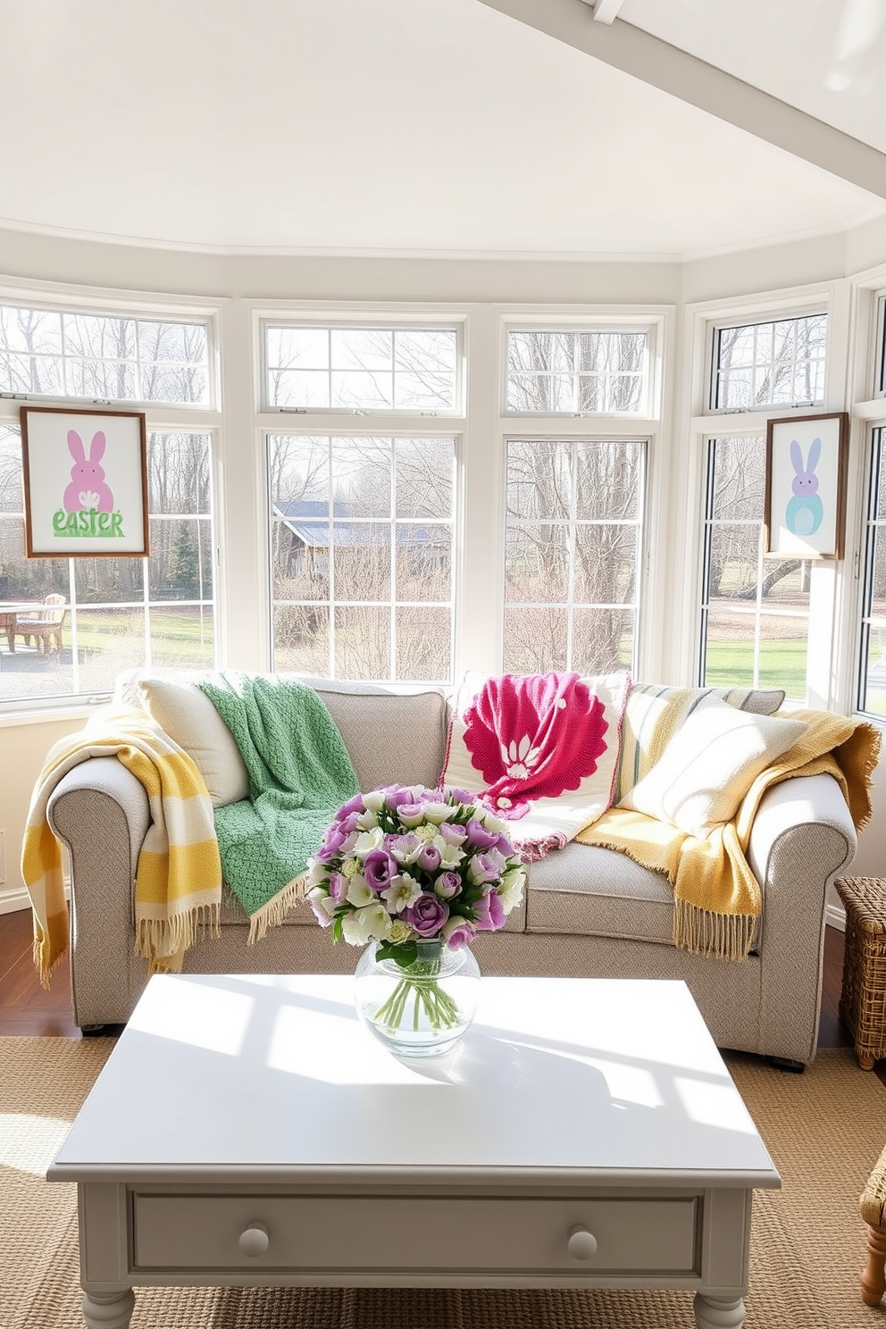 A sunroom filled with natural light features a cozy seating area adorned with colorful throw blankets draped over a plush sofa. The walls are decorated with pastel Easter-themed artwork, and a cheerful centerpiece of blooming flowers sits on the coffee table.