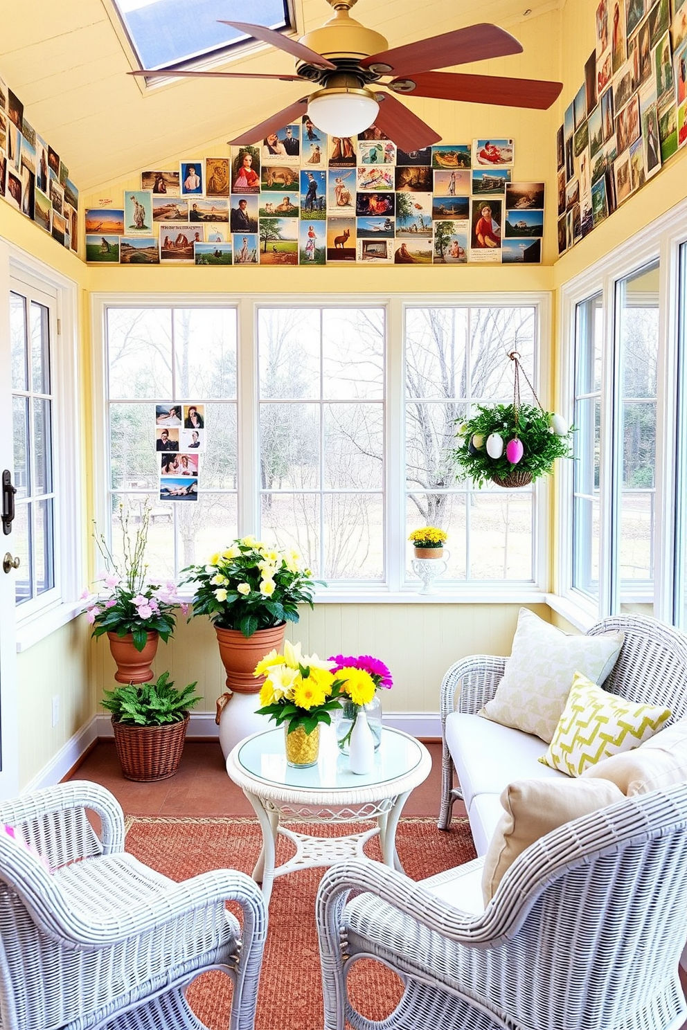 A bright and airy sunroom filled with natural light. The walls are adorned with framed Easter art featuring pastel colors and cheerful designs. A cozy seating area includes a plush sofa with colorful throw pillows. A table in the center is decorated with a festive Easter centerpiece, surrounded by potted spring flowers.