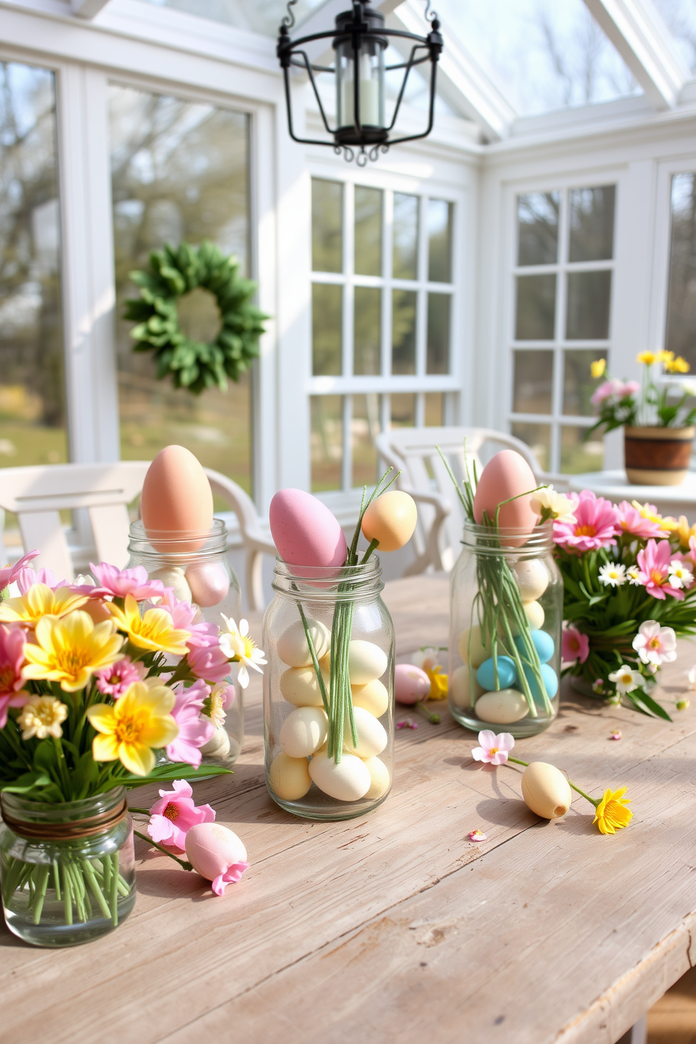 A bright and cheerful sunroom adorned for Easter. Glass jars filled with beautifully dyed eggs are arranged on a rustic wooden table, surrounded by fresh spring flowers in pastel colors.