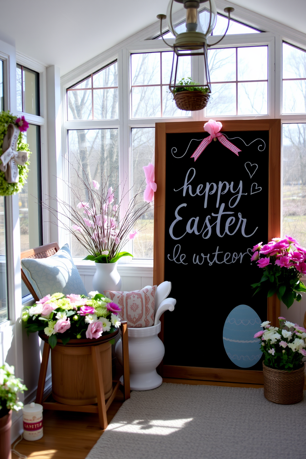 A sunroom filled with natural light showcases a variety of potted herbs on a rustic wooden table. The vibrant greens of basil, rosemary, and thyme create a fresh and inviting atmosphere, complemented by soft pastel decorations for Easter. Delicate floral arrangements in pastel colors adorn the windowsills, enhancing the festive ambiance. A cozy seating area with plush cushions invites relaxation, making it the perfect spot to enjoy the beauty of spring.