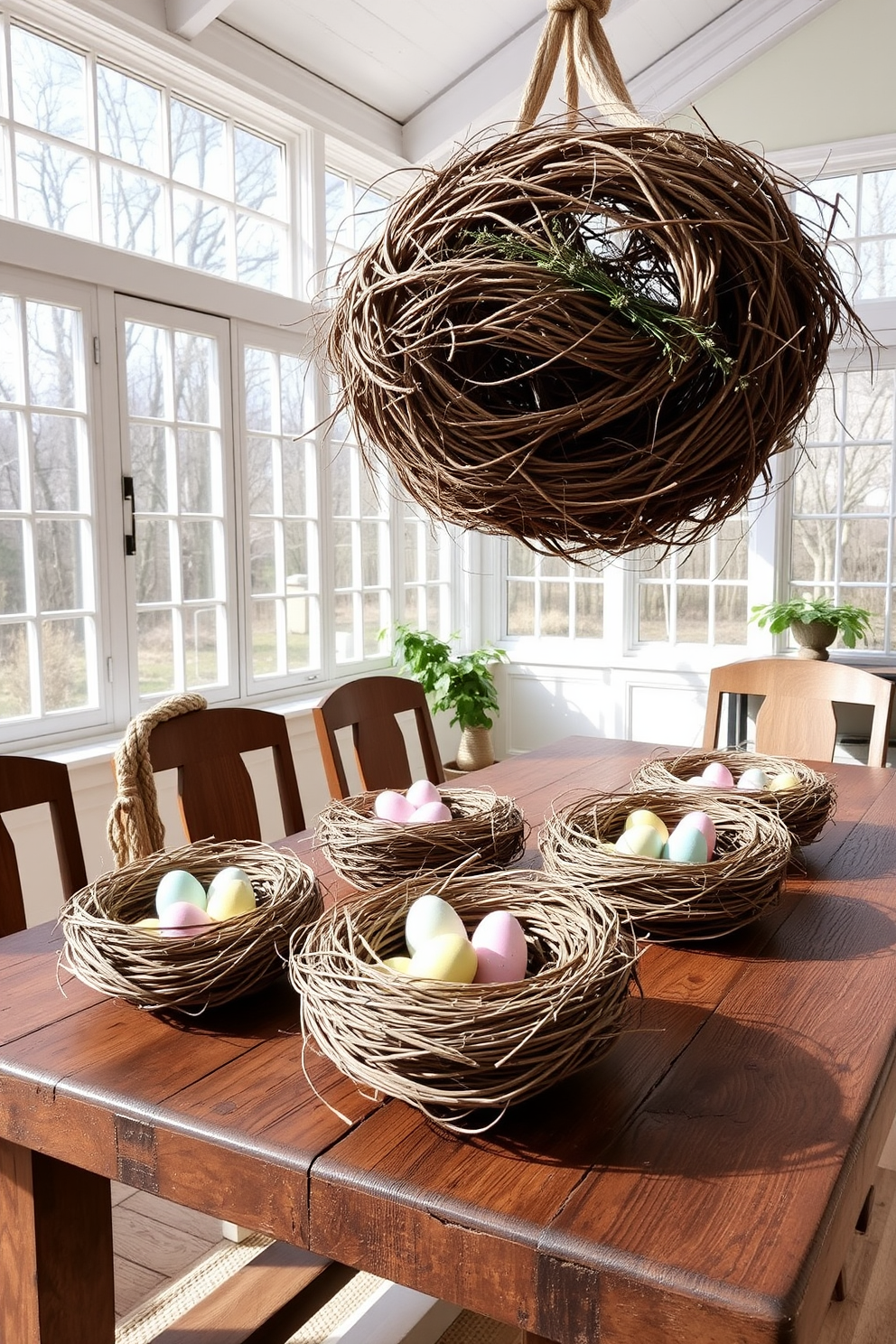 A sunroom filled with natural light showcases decorative bird nests artfully arranged on a rustic wooden table. Each nest contains delicate pastel-colored eggs, adding a charming touch to the Easter decor.