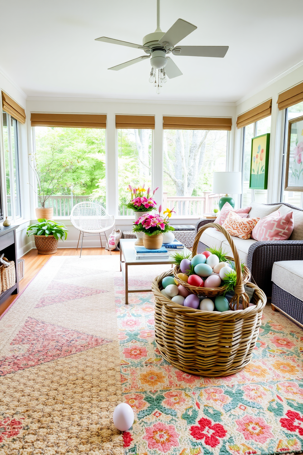 A sunroom filled with natural light features layered rugs in various textures and patterns. The base rug is a soft, neutral color while a vibrant patterned rug adds a pop of color, creating a cozy and inviting atmosphere. Easter decorations adorn the sunroom, including pastel-colored eggs and floral arrangements. A large basket filled with decorative eggs sits on a coffee table, complemented by cheerful spring-themed artwork on the walls.