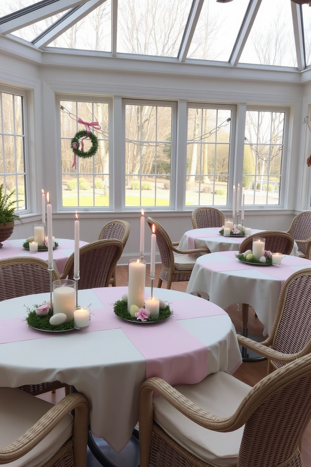 Easter-themed candles are arranged on several tables in a sunroom filled with natural light. The tables are adorned with pastel-colored tablecloths and surrounded by comfortable wicker chairs, creating a cheerful and inviting atmosphere.