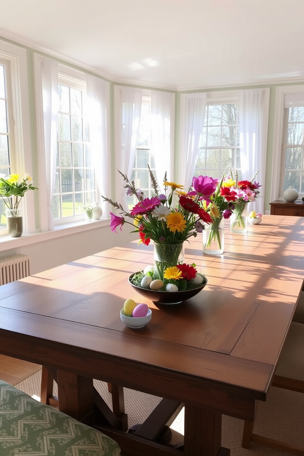 A bright sunroom filled with natural light showcases a large wooden table adorned with floral centerpieces featuring vibrant spring flowers and colorful Easter eggs nestled among the blooms. The walls are painted in a soft pastel hue, and large windows are draped with sheer white curtains, allowing the sunlight to filter gently into the space.