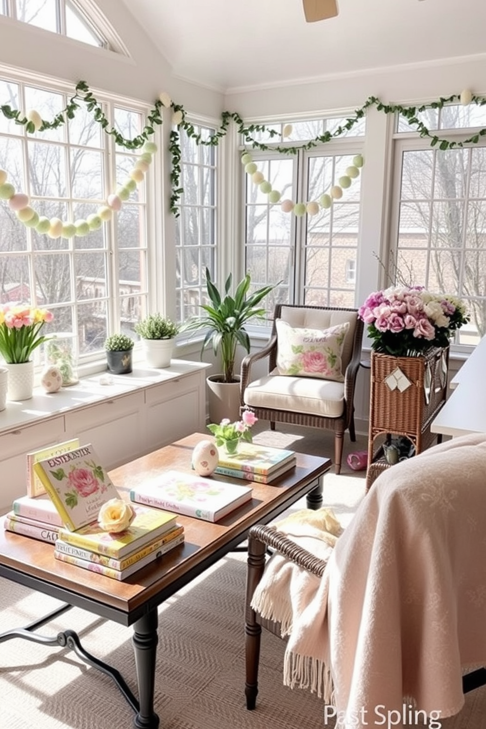 A sun-drenched sunroom features a stylish coffee table adorned with an assortment of spring-themed books showcasing vibrant floral designs and pastel colors. Surrounding the table are comfortable seating options, with large windows allowing natural light to flood the space, creating a perfect atmosphere for relaxation and inspiration. Easter decorations bring a festive touch to the sunroom, with cheerful garlands of eggs draping across the window sills and delicate floral arrangements in soft hues placed strategically around the room. A cozy throw blanket with a spring motif is draped over one of the chairs, inviting guests to enjoy the beauty of the season.