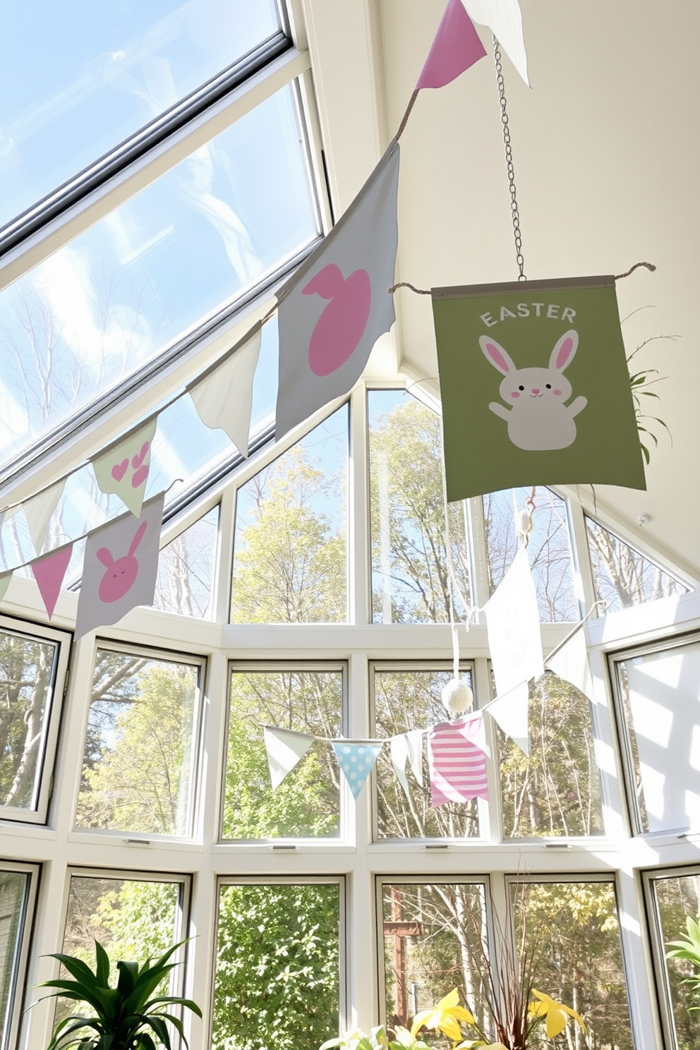 A sunroom filled with natural light features whimsical banners hanging from the ceiling. The banners are adorned with pastel colors and playful designs, creating a festive atmosphere for Easter celebrations.