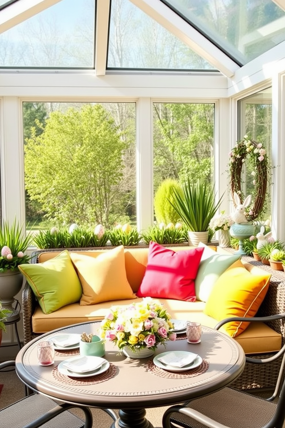 Brightly colored outdoor cushions are arranged on a cozy sunroom seating area, providing a vibrant pop against the neutral tones of the furniture. The sunroom features large windows that allow natural light to flood in, creating a warm and inviting atmosphere. Easter decorations are tastefully displayed throughout the sunroom, with pastel-colored eggs and floral arrangements accentuating the cheerful theme. A beautifully set table in the corner showcases a spring centerpiece, inviting guests to enjoy the festive ambiance.