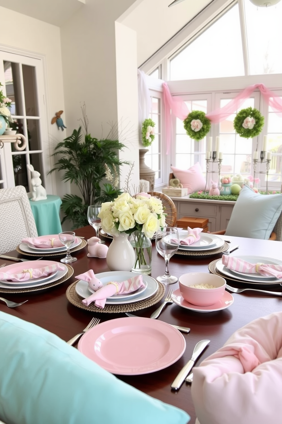 A beautifully arranged table set with pastel dinnerware featuring soft pinks, blues, and yellows. The table is adorned with delicate floral centerpieces and complemented by elegant glassware, creating a cheerful and inviting atmosphere. The sunroom is decorated for Easter with pastel-colored decorations and playful bunny accents. Soft cushions in coordinating colors are placed on the seating, enhancing the cozy and festive feel of the space.