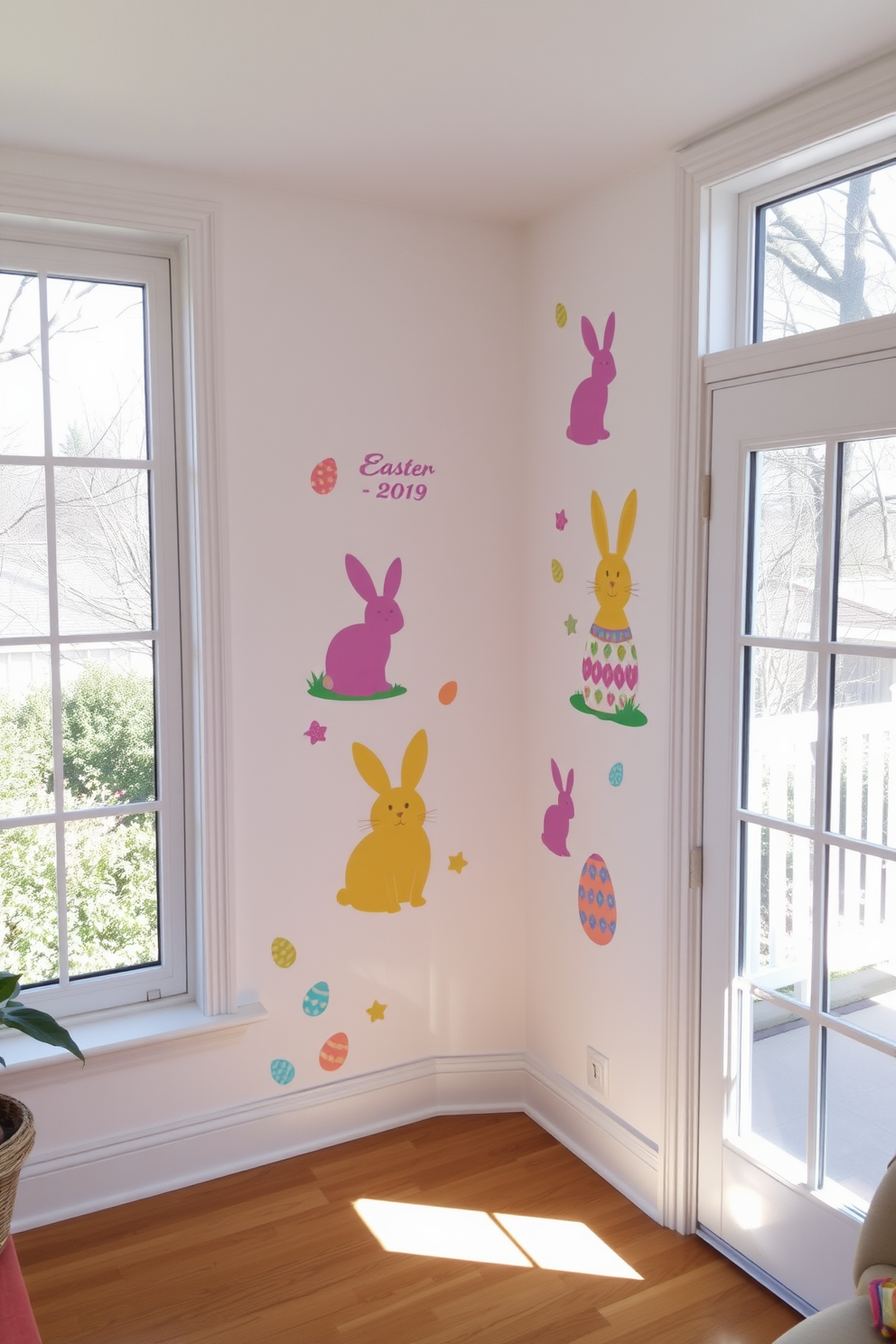 Easter-themed wall decals featuring colorful bunnies and decorated eggs are playfully arranged on the walls of a bright sunroom. The sunroom is filled with natural light, creating a cheerful atmosphere perfect for festive decorations.