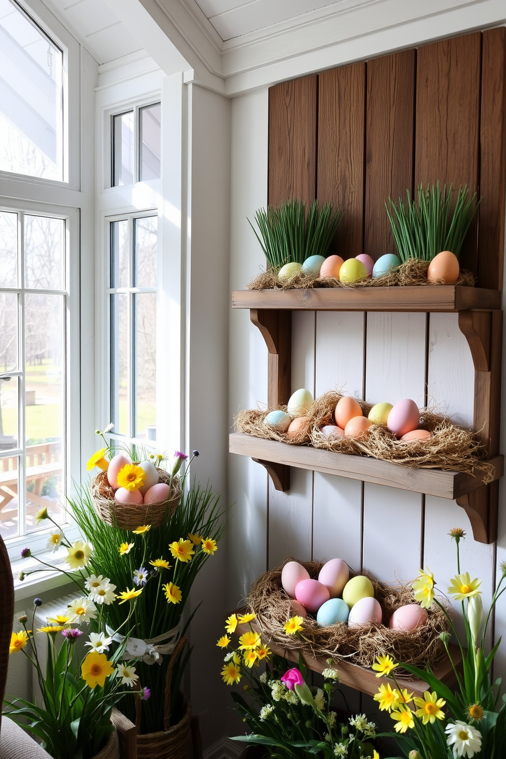 A creative egg display is arranged on rustic wooden shelves in a sunroom filled with natural light. The shelves are adorned with pastel-colored eggs, some nestled in straw, and surrounded by fresh spring flowers for an inviting Easter ambiance.