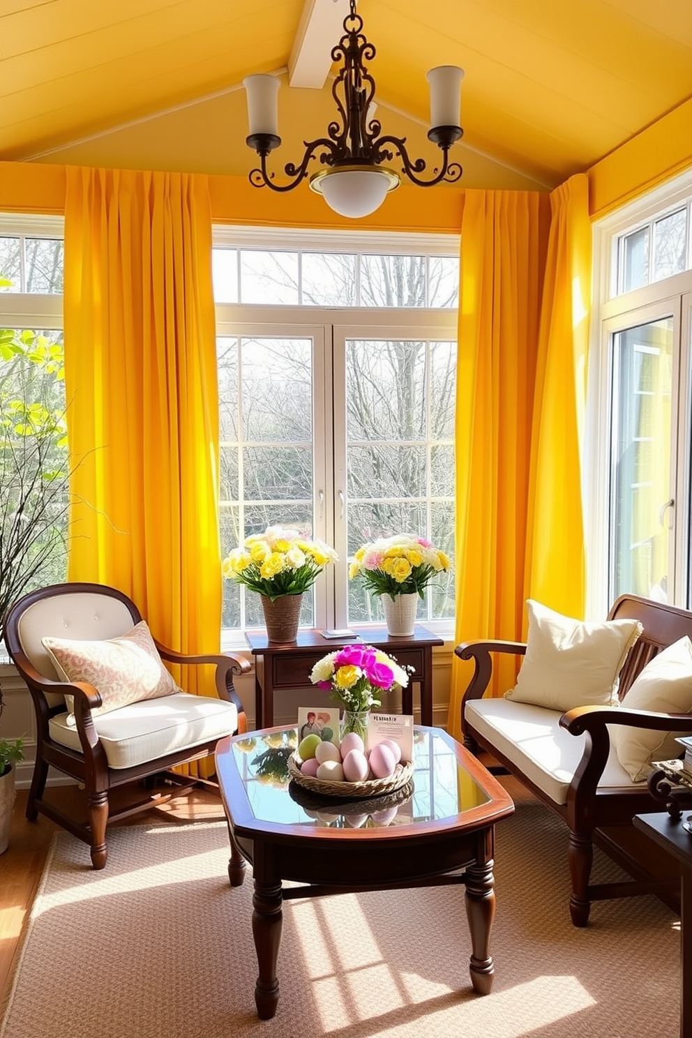 A sunroom filled with natural light features sunshine yellow curtains that brighten the space and complement the warm tones of the wooden furniture. The room is adorned with cheerful Easter decorations, including pastel-colored eggs and floral arrangements that bring a festive touch to the serene environment.