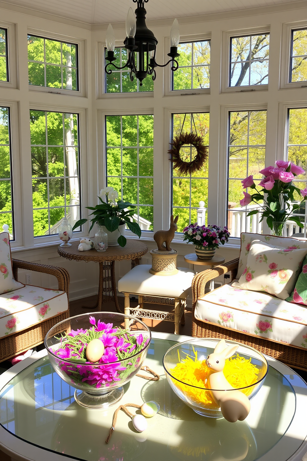 A cozy sunroom filled with natural light and adorned with vibrant potpourri bowls that exude seasonal scents. The decor features pastel colors and floral patterns, with Easter-themed accents like decorative eggs and bunny figurines placed on the coffee table.