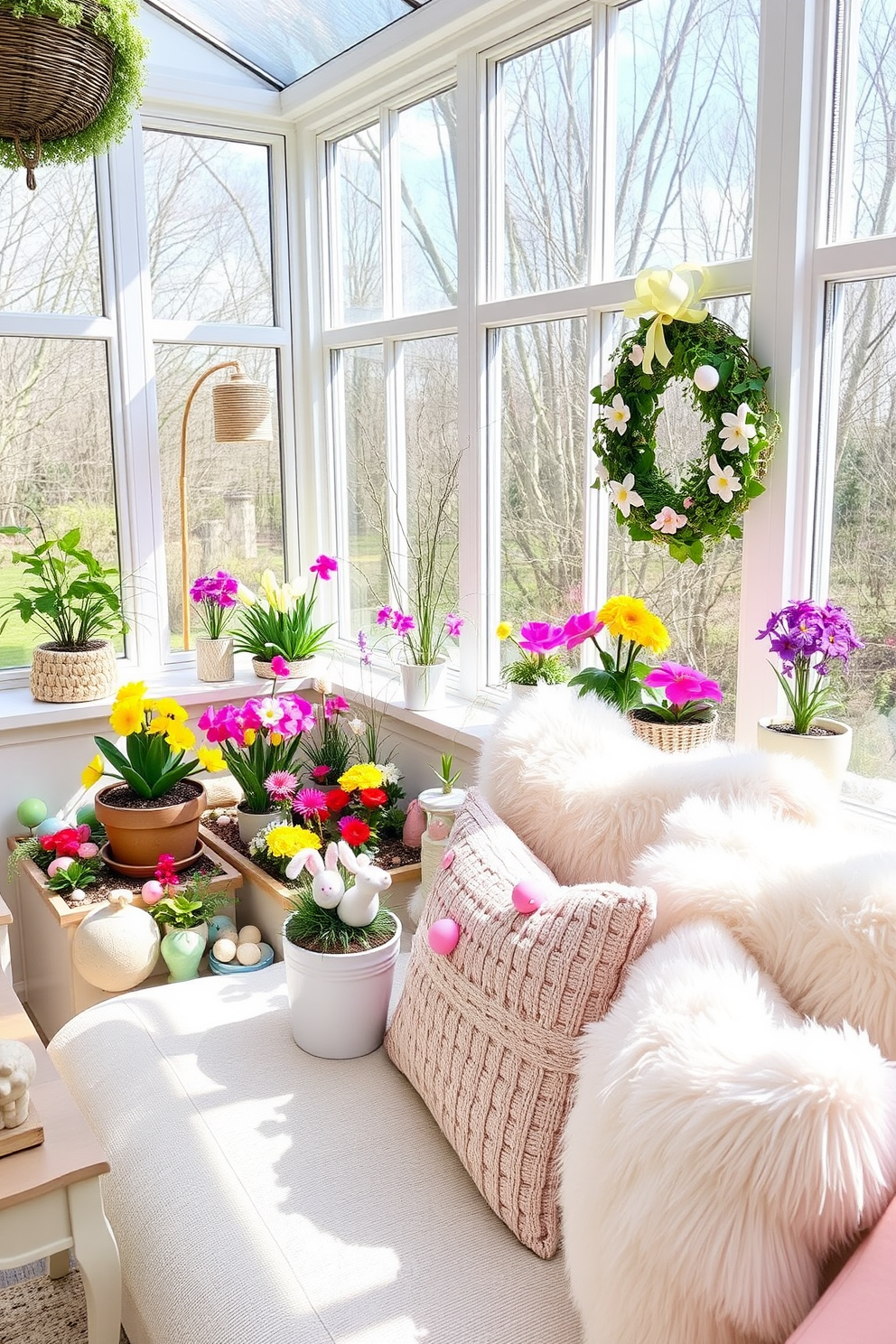 A cozy sunroom filled with natural light features a collection of miniature gardens showcasing vibrant spring flowers. The space is adorned with pastel-colored decorations, including Easter-themed ornaments and soft, fluffy pillows on a comfortable seating area.