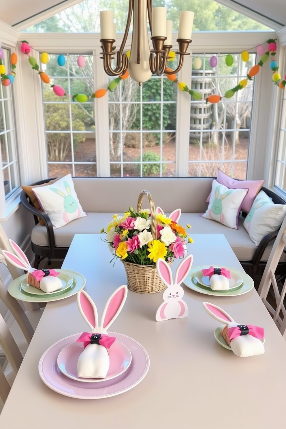 A whimsical dining table setting featuring bunny-themed tableware. The table is adorned with pastel-colored plates, bunny-shaped napkin holders, and a centerpiece of fresh flowers arranged in a basket. The sunroom is decorated with Easter-themed accents to create a festive atmosphere. Soft cushions with bunny prints are placed on the seating, and colorful garlands of eggs hang from the windows.