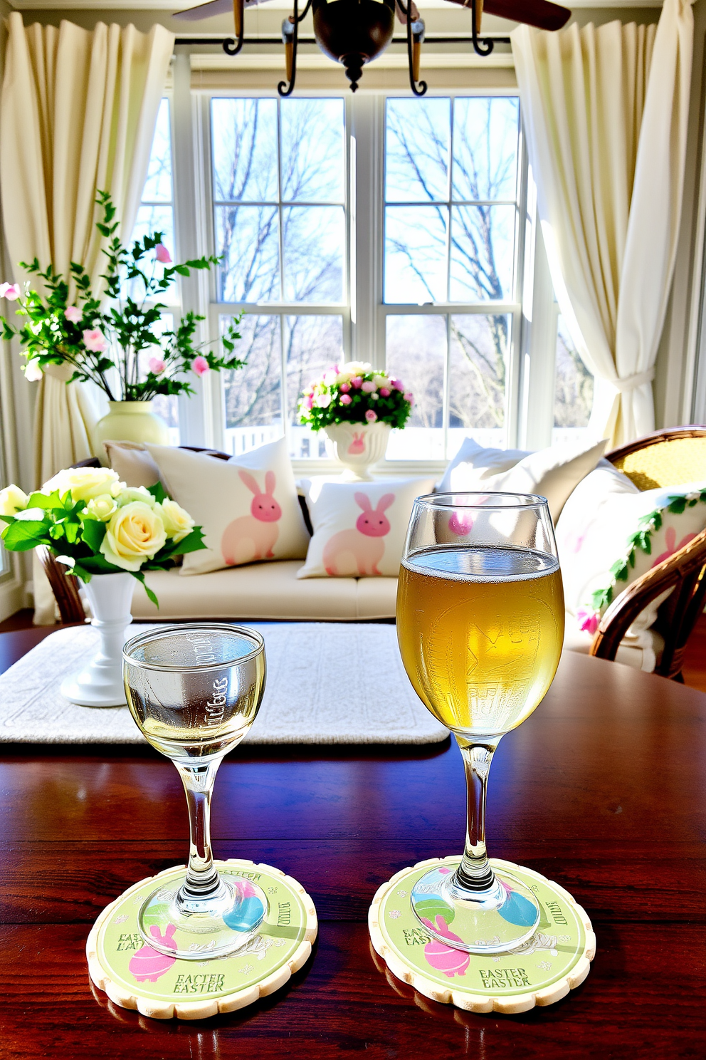 A bright and cheerful sunroom filled with natural light. Colorful bunting is strung across the room, creating a festive atmosphere for Easter celebrations. The space features a cozy seating area with pastel-colored cushions and a large wooden table adorned with seasonal decorations. Fresh flowers in vibrant hues are placed on the table, complementing the joyful decor.