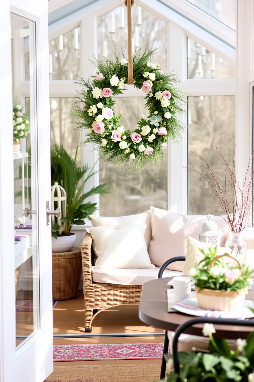 A charming sunroom filled with natural light showcases a collection of vintage Easter postcards artfully displayed on rustic wooden shelves. The shelves are adorned with pastel-colored decorations, including ceramic bunnies and fresh flowers, creating a festive and inviting atmosphere.