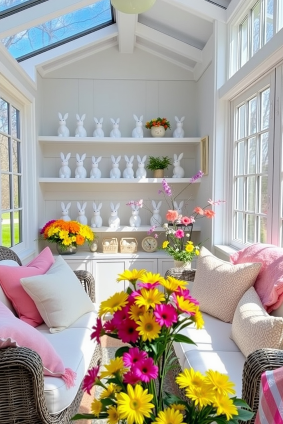 A charming sunroom filled with natural light. Shelves adorned with whimsical bunny figurines in various poses create a playful and festive atmosphere. Bright pastel colors dominate the decor, with soft cushions and throws adding comfort to the seating area. Fresh flowers in vibrant hues complement the Easter theme, enhancing the joyful ambiance.