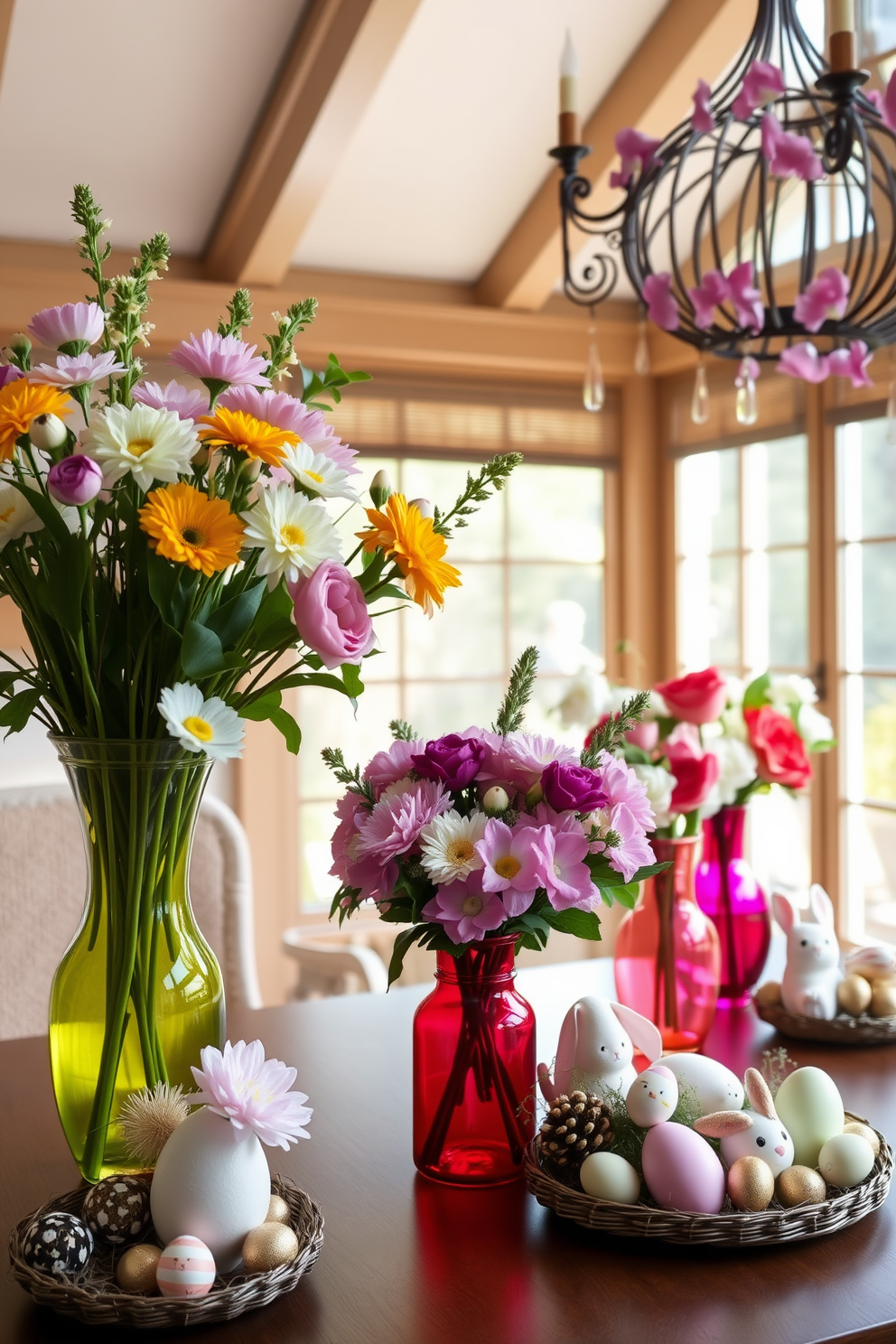 Fresh flowers in colorful vases bring a vibrant touch to the sunroom. The space is filled with natural light, showcasing an array of blooms in various hues that complement the decor. Easter decorations are tastefully arranged throughout the sunroom. Delicate pastel accents and themed ornaments enhance the cheerful atmosphere, creating a festive yet elegant setting.