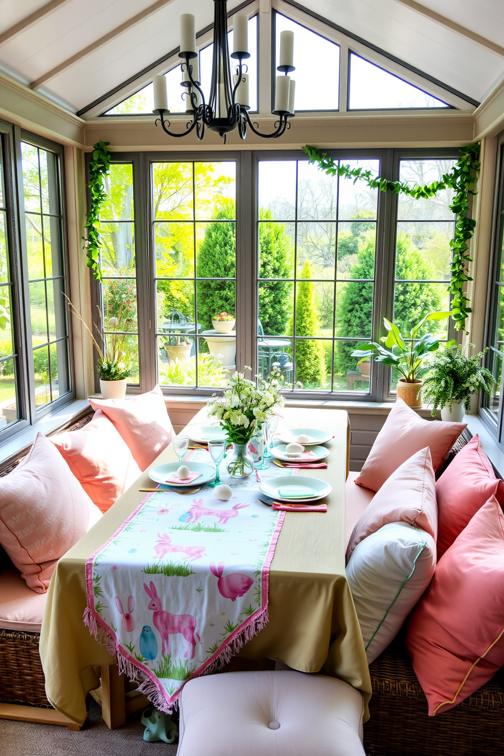 A charming sunroom adorned with a festive Easter-themed table runner. The table is set with pastel-colored dishes and delicate floral arrangements, creating a joyful atmosphere. Natural light floods the space through large windows, illuminating the vibrant decorations. Plush cushions in soft hues are scattered across the seating area, inviting relaxation and celebration.